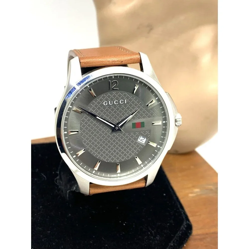 Gucci Men's Watch YA126302 G-Timeless Swiss Quartz Gray Dial Brown Leather 40mm